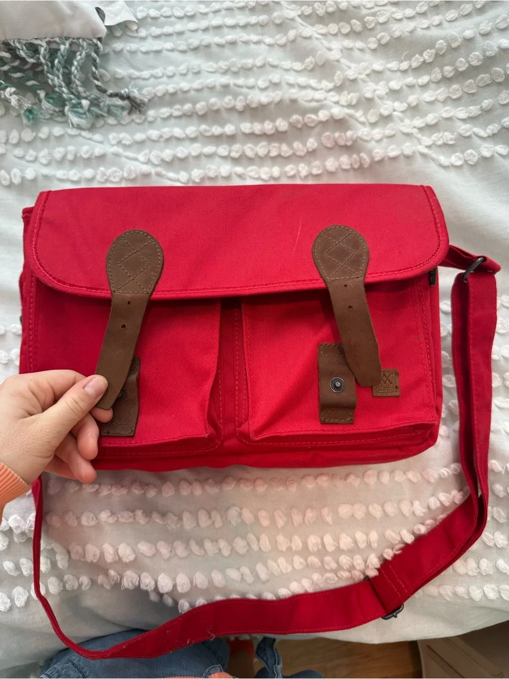 Red large camera Bag with Brown Trim -